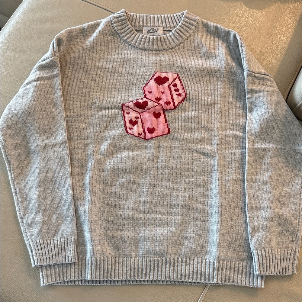 Gray Sweater with Pink Dice Design